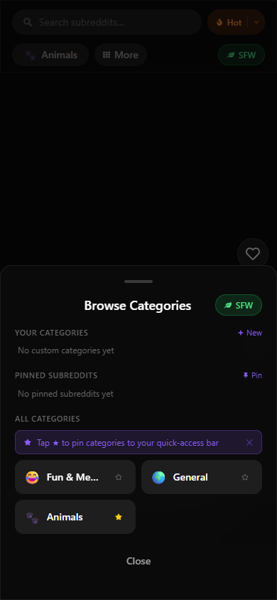 Reddclips category browser showing SFW categories including Fun and Memes, General, and Animals