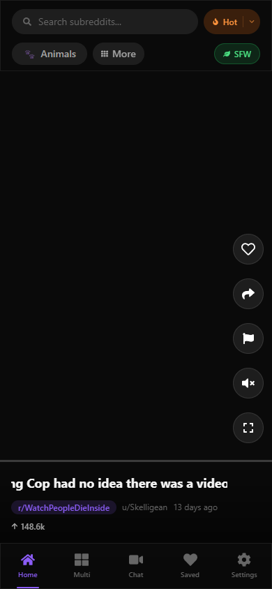 Reddclips vertical feed showing a video post with swipe navigation and action buttons