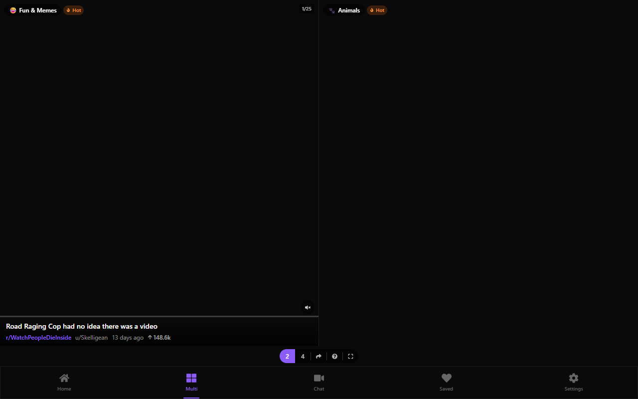Reddclips multi-view showing two feeds side by side — Fun and Memes on the left, Animals on the right