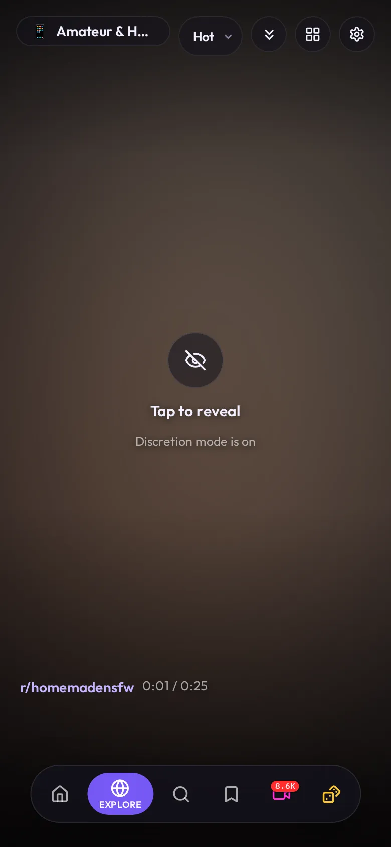 Reddclips Amateur and Homemade category feed on a phone, showing a blurred video from r/homemadensfw