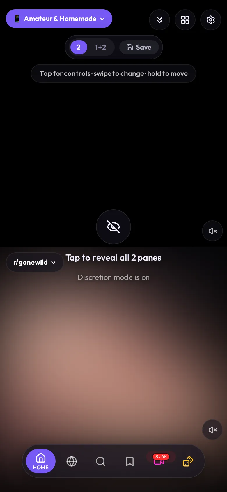 Reddclips multi-view on a phone with two stacked panes, the Amateur and Homemade category on top and r/gonewild below
