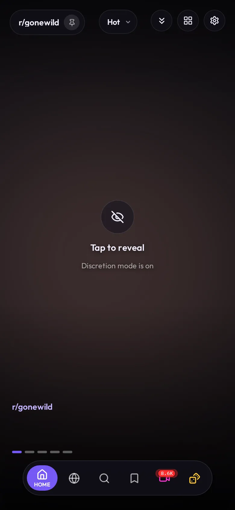 Reddclips showing the r/gonewild feed full screen on a phone, with Discretion Mode blurring the post and gallery dots at the bottom